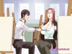 Manga redhead with huge breasts sucks a cock.