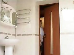 Hawt blonde chick gets a surprise and gets fucked in the washroom room